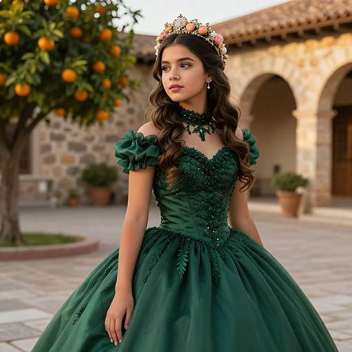 Photograph of a young woman with long brown hair, wearing a dark green, off-shoulder, intricately beaded gown, and floral crown