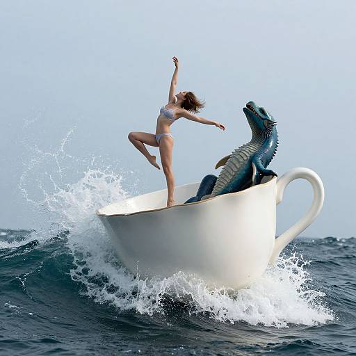 Photorealistic digital art: A woman in a white bikini dances on a white teacup boat with a blue dragon, splashing through dark ocean