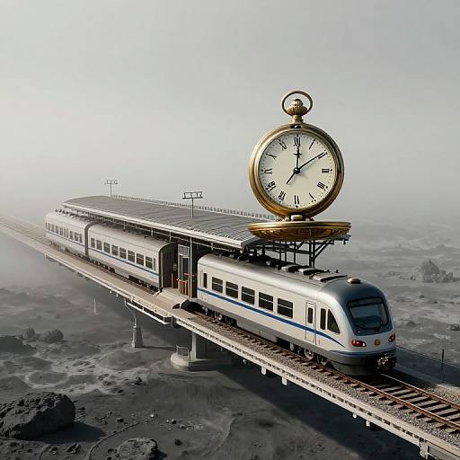 Digital artwork of a futuristic train with a large, gold pocket watch on its roof, floating above a misty, rocky landscape.