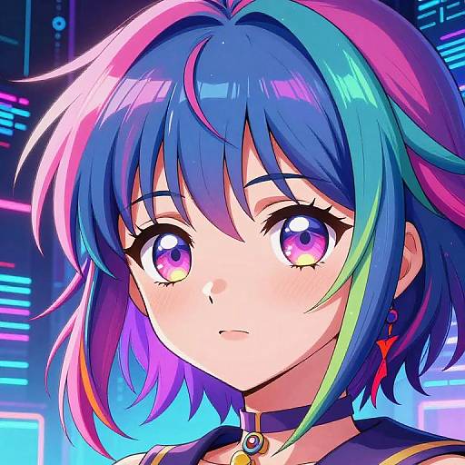 Digital anime-style portrait of a girl with vibrant blue and pink hair, large purple eyes, and a choker with a gem, set against a neon