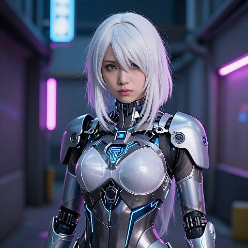 CGI image of a white-haired, blue-eyed woman in futuristic silver and black armor with neon accents, standing in a neon-lit, sci-fi
