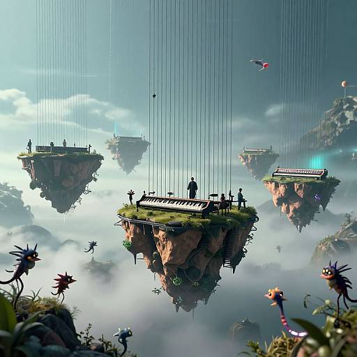Digital fantasy artwork: Floating islands with people, surrounded by clouds, and whimsical creatures. Silhouetted figures on central island, suspended by vertical