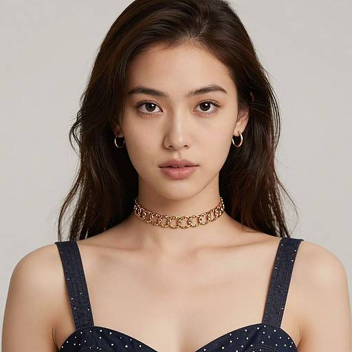 Photograph of young Asian woman with long dark hair, wearing a navy blue polka dot top, gold choker necklace, and hoop earrings, against