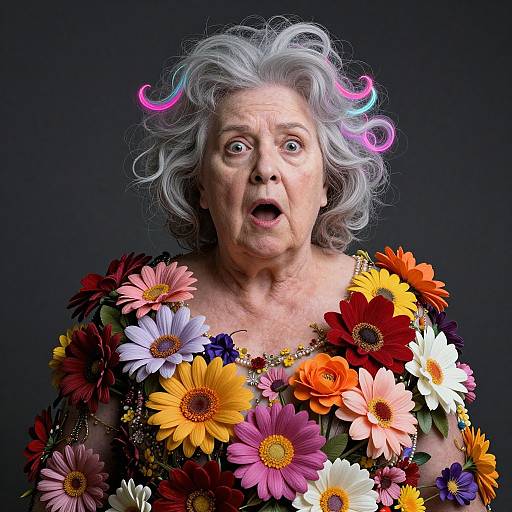 Surprised Floral Old Woman Portrait