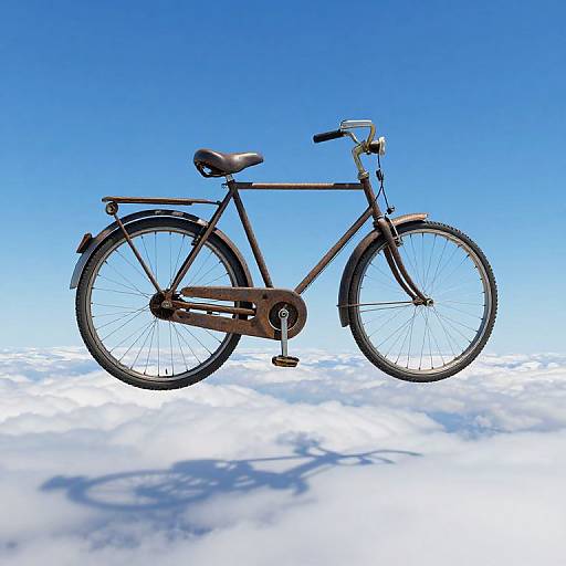 Photograph of a vintage brown bicycle with a black leather saddle, mounted on a clear blue sky with fluffy white clouds below.