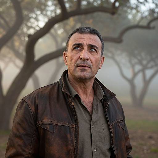 Photograph of a middle-aged man with short dark hair, wearing a brown jacket over a dark shirt, standing in a misty, tree-filled forest