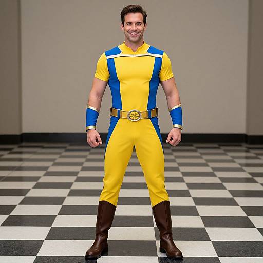 Photograph of a smiling man in a bright yellow and blue superhero costume with brown boots, standing on a black-and-white checkered floor.