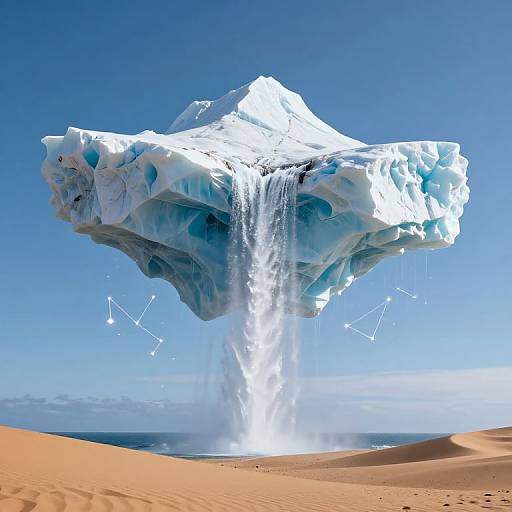 Photorealistic CGI of a floating, ice mountain with a waterfall cascading into a desert, clear blue sky, and constellation lines.