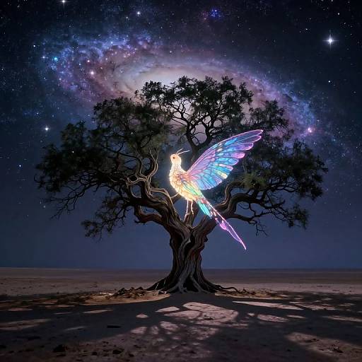 Digital artwork of a glowing, iridescent butterfly perched on a silhouetted tree under a starry, galaxy-filled night sky.