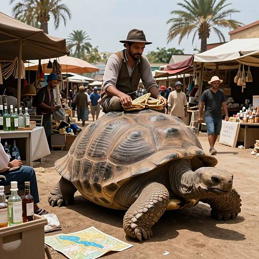 Photograph of a bearded man in a hat riding a large tortoise through a sunny, bustling outdoor market with palm trees.