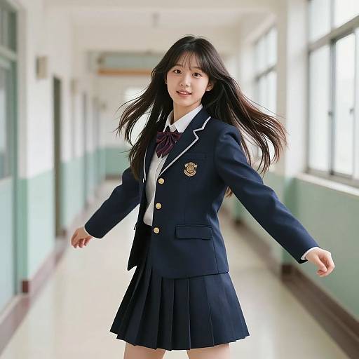 Photograph of an Asian teenage girl with long black hair, wearing a navy school uniform with a pleated skirt, standing in a bright, sunlit