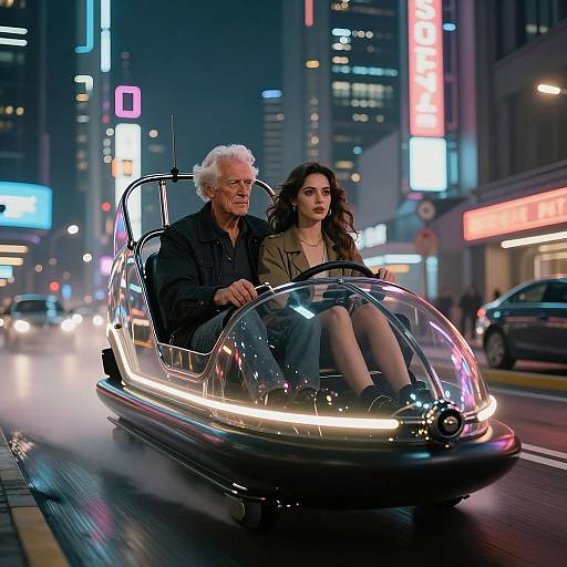 Elderly Man and Young Woman in Glass Hovercraft at Night