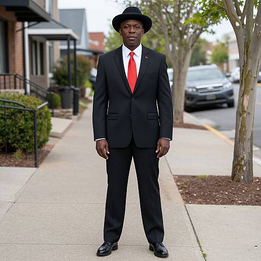 Photograph of a tall Black man in a black suit, red tie, white shirt, and black hat standing on a suburban sidewalk.