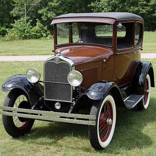 Vintage maroon and black classic car with chrome grille, large round headlights, white-walled tires, and red wire-spoked wheels, parked on grass