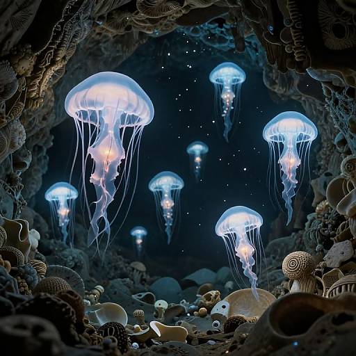 Photograph of a dark underwater cave illuminated by glowing blue jellyfish with translucent bodies and long, flowing tentacles, surrounded by various sea creatures and rocks