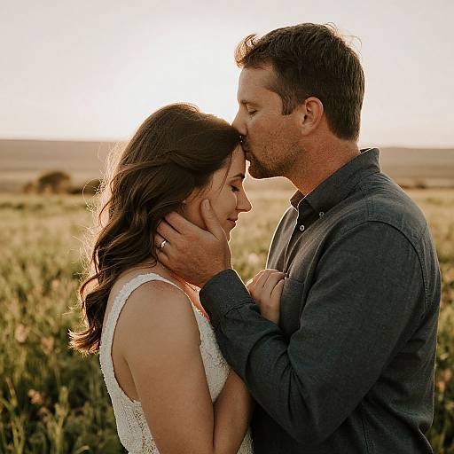 Tender Sunset Kiss at Farm Wedding