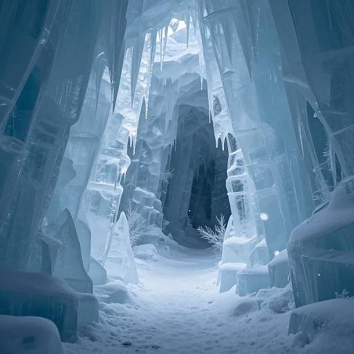Photograph of an icy cave with towering, translucent ice formations and snow-covered ground, illuminated by bright blue light from the entrance.