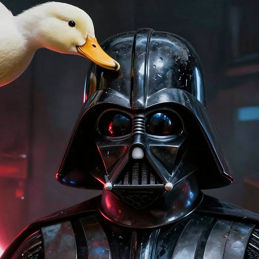 Photograph of Darth Vader's glossy black helmet with red and blue reflections, being gently pecked by a white duck with an orange beak.