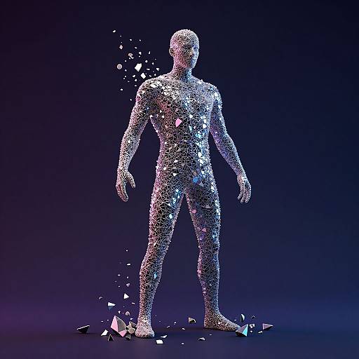 Digital art of a translucent, silver, pixelated humanoid figure standing on a dark blue background, with floating pixel fragments around its feet.
