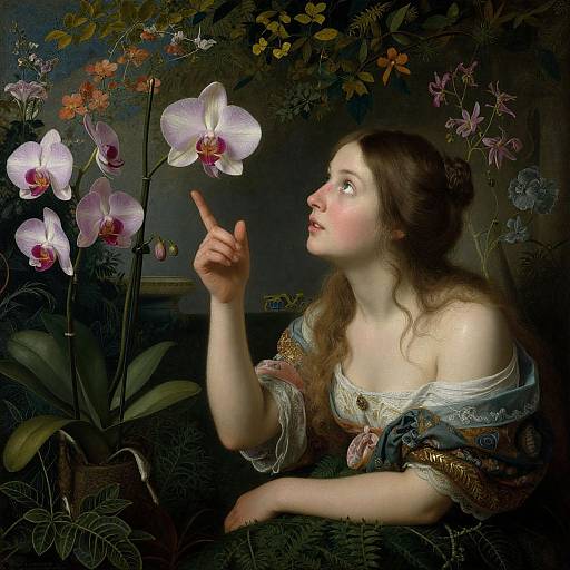 Photorealistic painting of a fair-skinned woman with long brown hair, off-shoulder blue and gold dress, admiring vibrant pink orchids