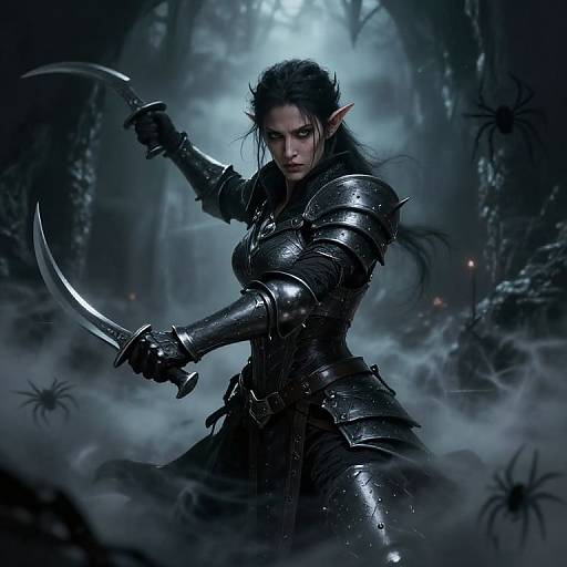 Dark fantasy digital artwork: fierce female elf warrior in black, shiny armor, wielding curved daggers, amidst foggy, shadowy forest with spiders.