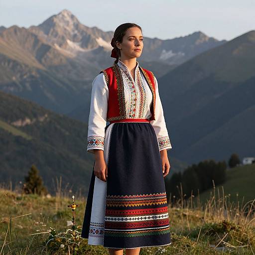 Photograph of a young woman with brown hair in traditional Balkan attire, white blouse, red vest, and blue skirt, standing in a mountainous
