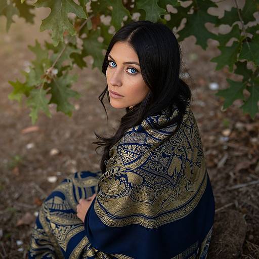 Photograph of a fair-skinned woman with striking blue eyes, long dark hair, and intricate gold and navy patterned shawl, sitting outdoors among