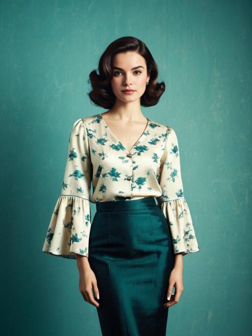 Woman in Cream Floral Silk Blouse and Black Pencil Skirt