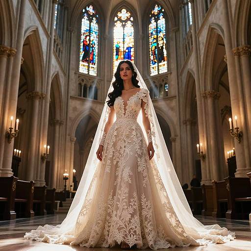 Photograph of a dark-haired bride in an ornate, lace-embellished white gown and long veil, standing in a grand, Gothic cathedral