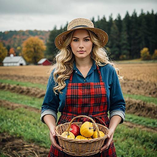 Young Female Farmer Holding Basket of Pumpkins