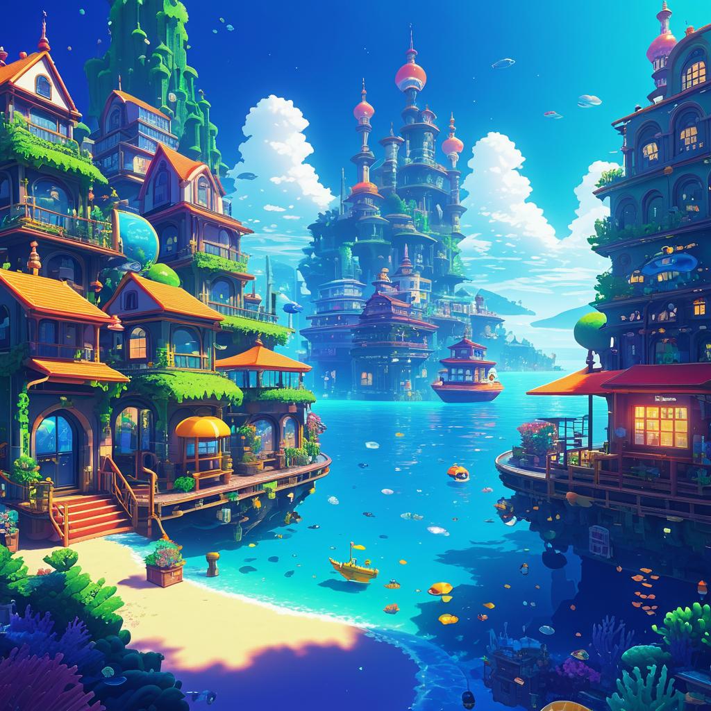 Vibrant 2D Underwater Port Town Art