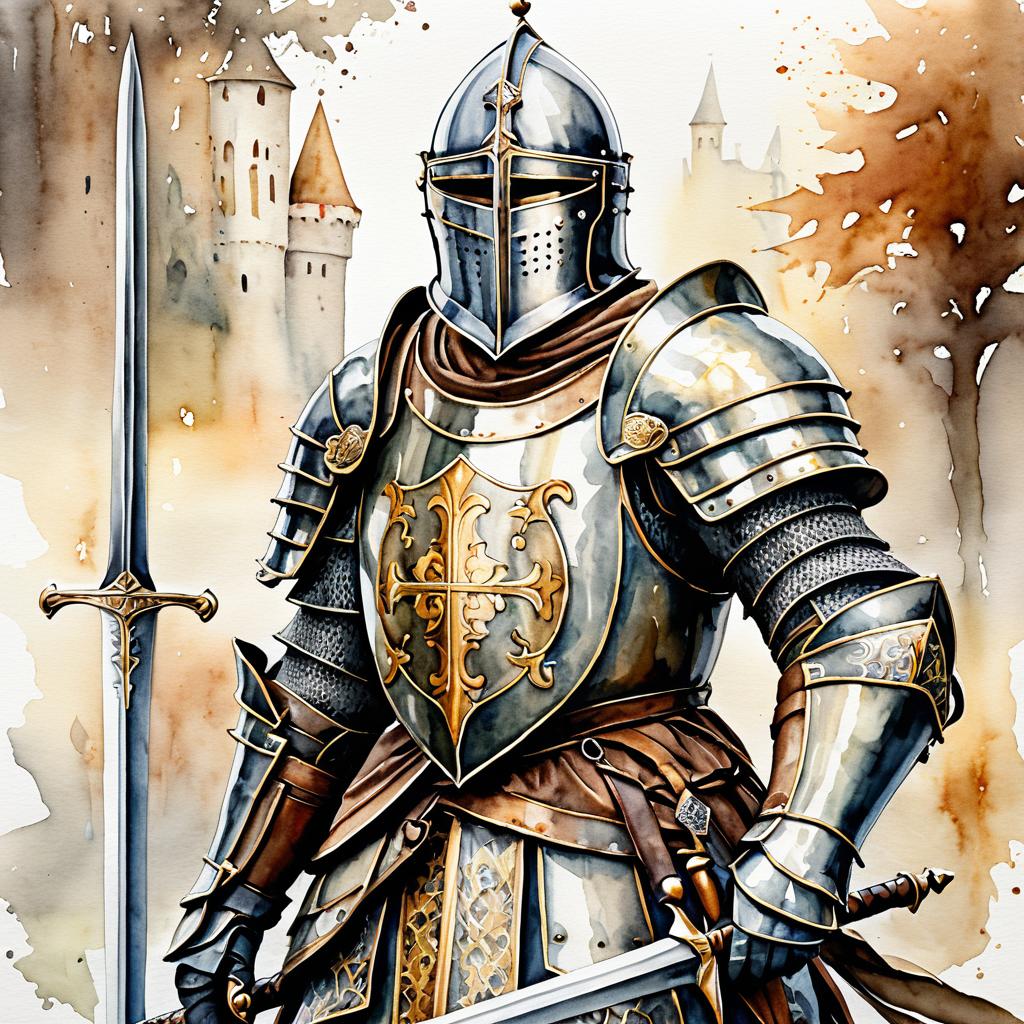 Intricate Watercolor Knight in Earthy Tones