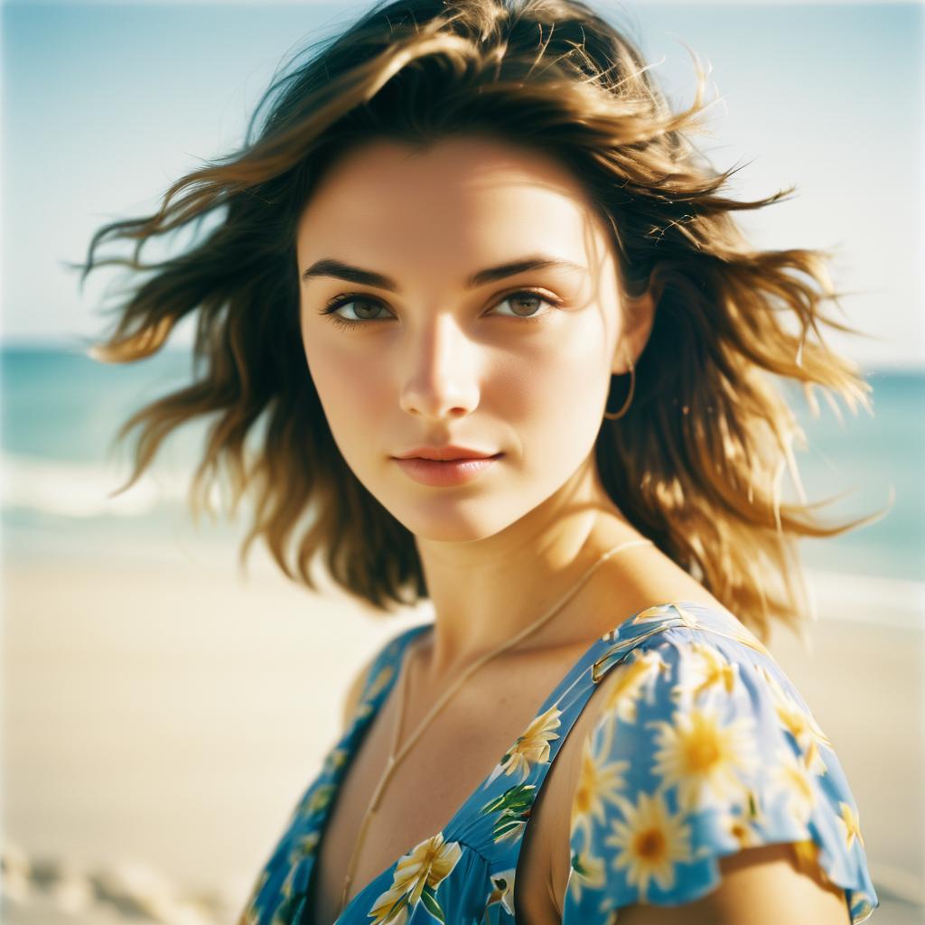 Radiant Young Woman on Sunlit Beach