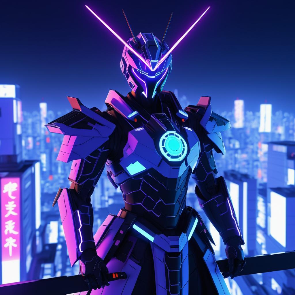 Cybernetic Samurai in Neon Anime Style