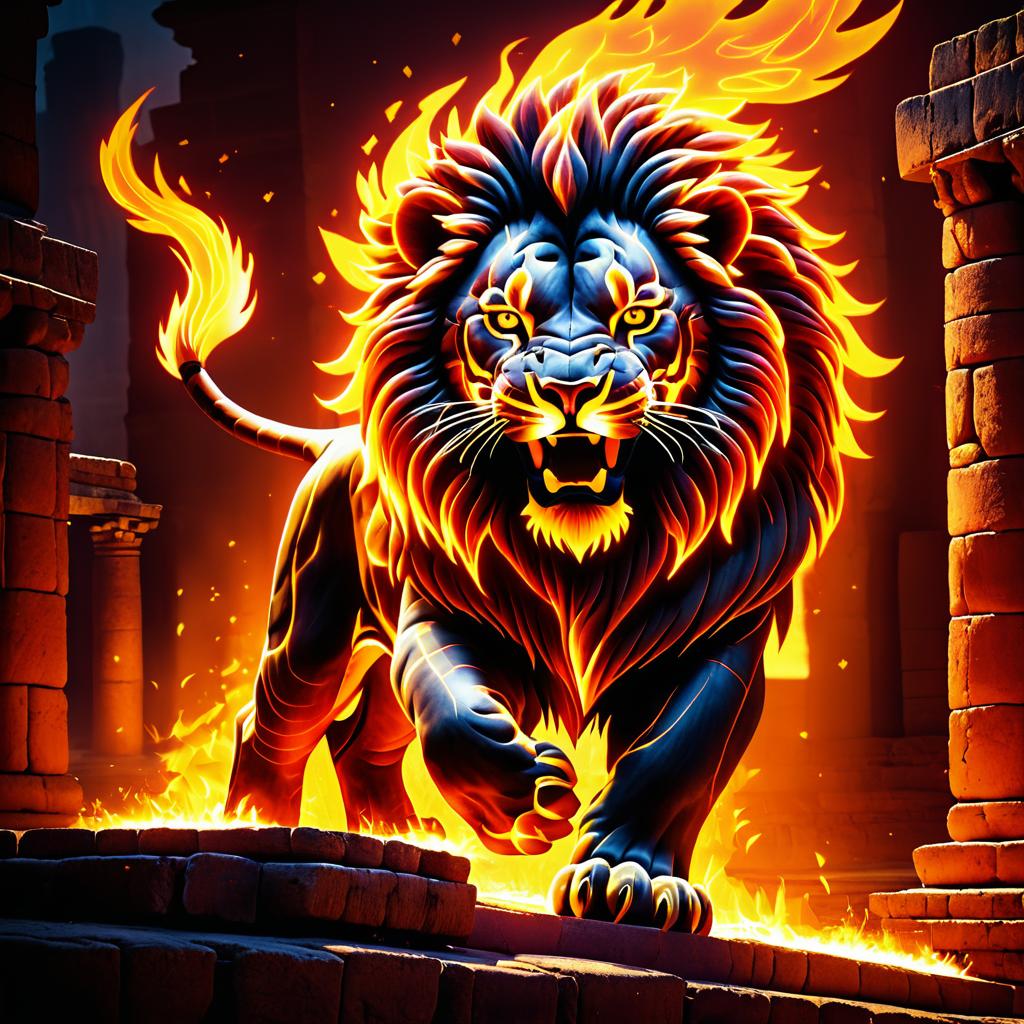 Ember Lion Among Ancient Ruins Artwork