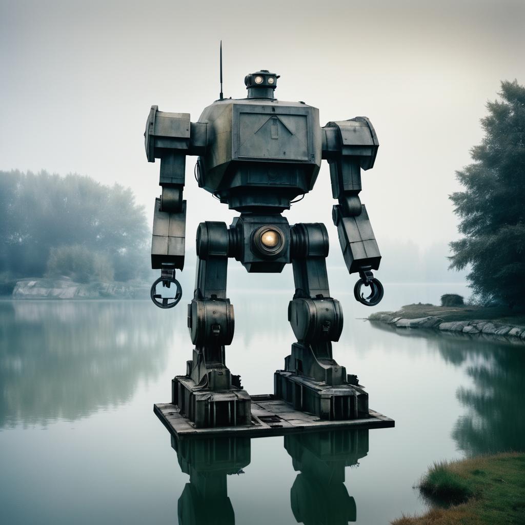 Giant Weathered Robot on Foggy Lake