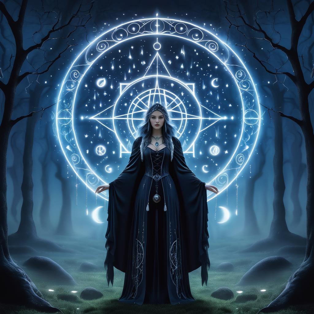 Moonlit Witch Surrounded by Runes