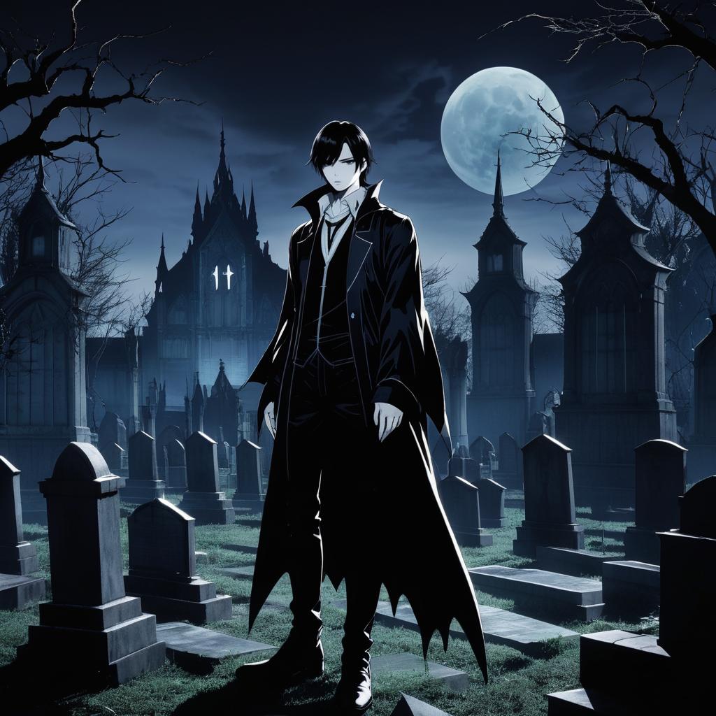 Eerie Vampire Over Graveyard in Anime Style