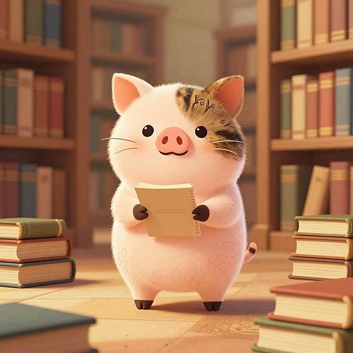 Whimsical Pig-Cat in Magical Library