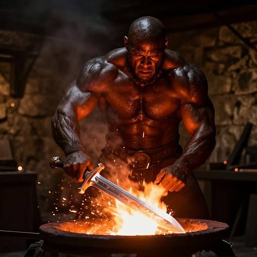Photograph of a muscular, dark-skinned, bald man with glowing muscles, standing nude, hammering sword in fiery forge, stone wall background.