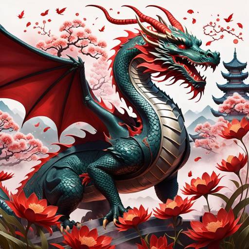 Majestic Red-Accented Dragon in Misty Field Majestic Red-Accented Dragon in Misty Field