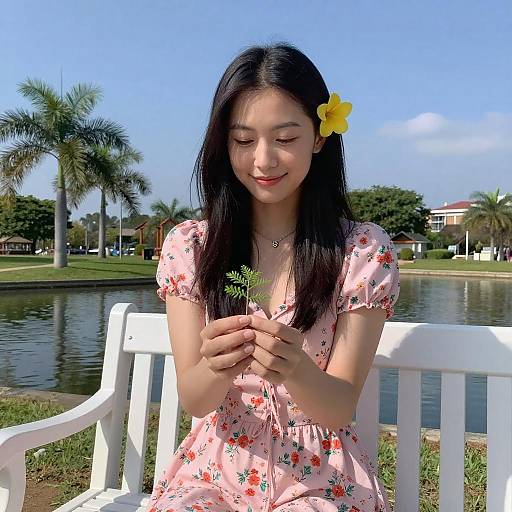 Asian Woman Sitting by Pond