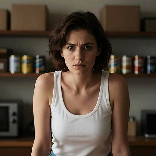 Serious Woman in Dimly Lit Room