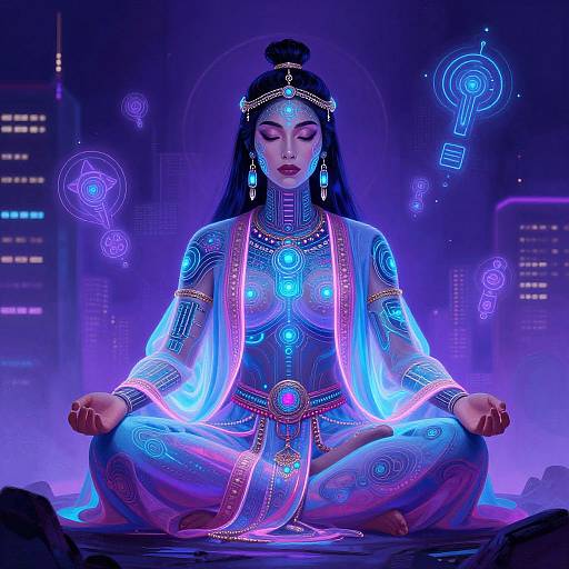 Cyber-Shaman Meditating in Neon City