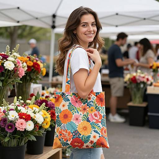 Photograph of a smiling young woman with wavy brown hair, wearing a white t-shirt and colorful floral tote bag, standing among vibrant flower arrangements at