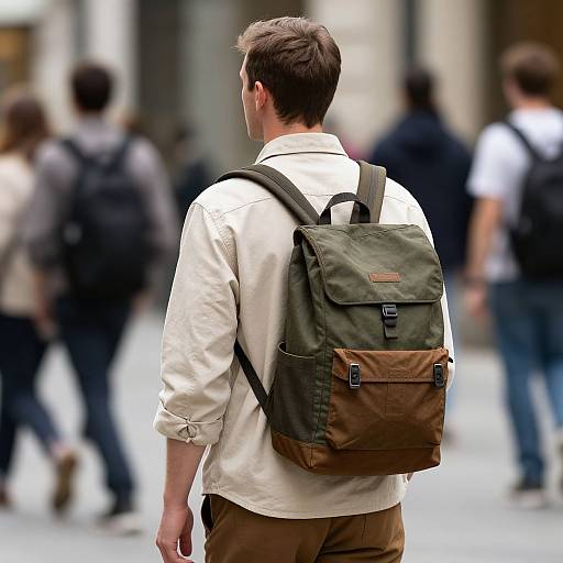 Man with Backpack on Busy Street