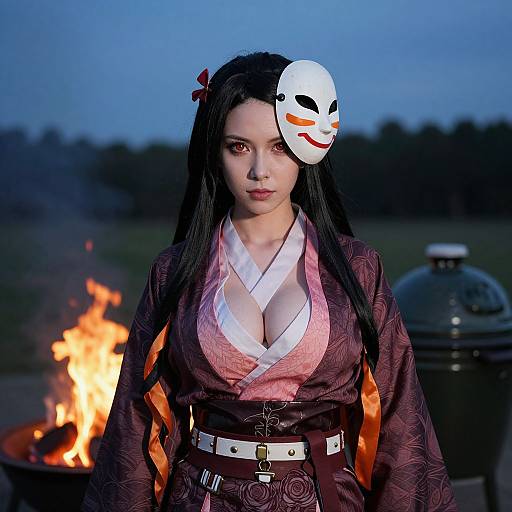 Photograph of an Asian woman with long black hair, wearing a revealing maroon kimono, white mask, and belt, standing by a fire at