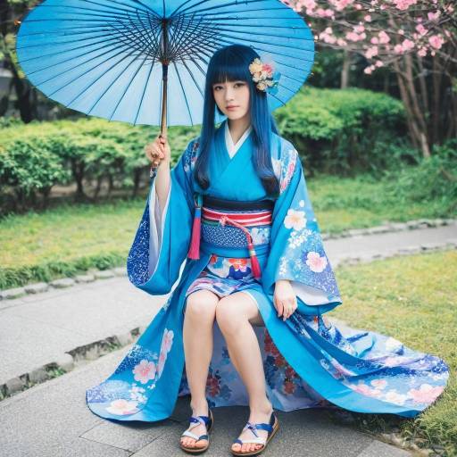 Woman in Blue Kimono with Umbrella