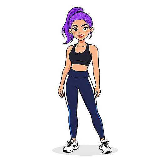 Digital illustration of a confident woman with purple ponytail, wearing a black sports bra and navy leggings, standing against a white background. She has white sneakers