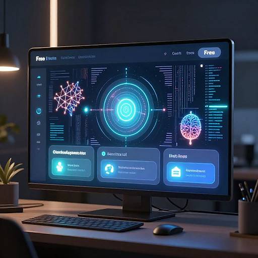 Photograph of a modern computer monitor displaying a dark-themed UI with neon blue and pink molecular structures, on a desk with a keyboard, mouse, and